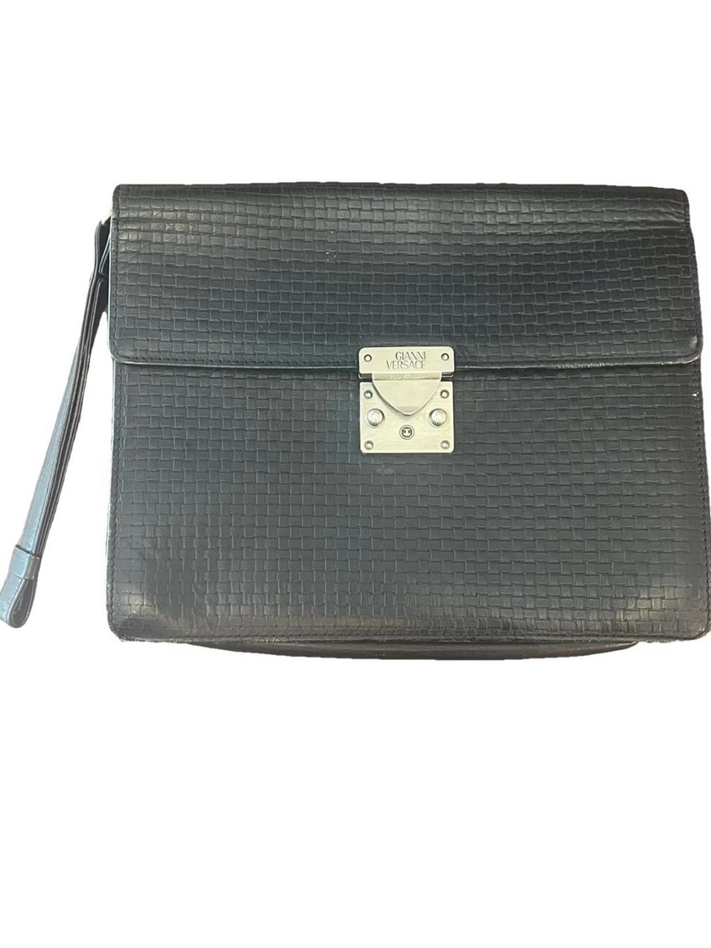 Versace Black Textured Leather Men's Wrist Bag with Silver Lock